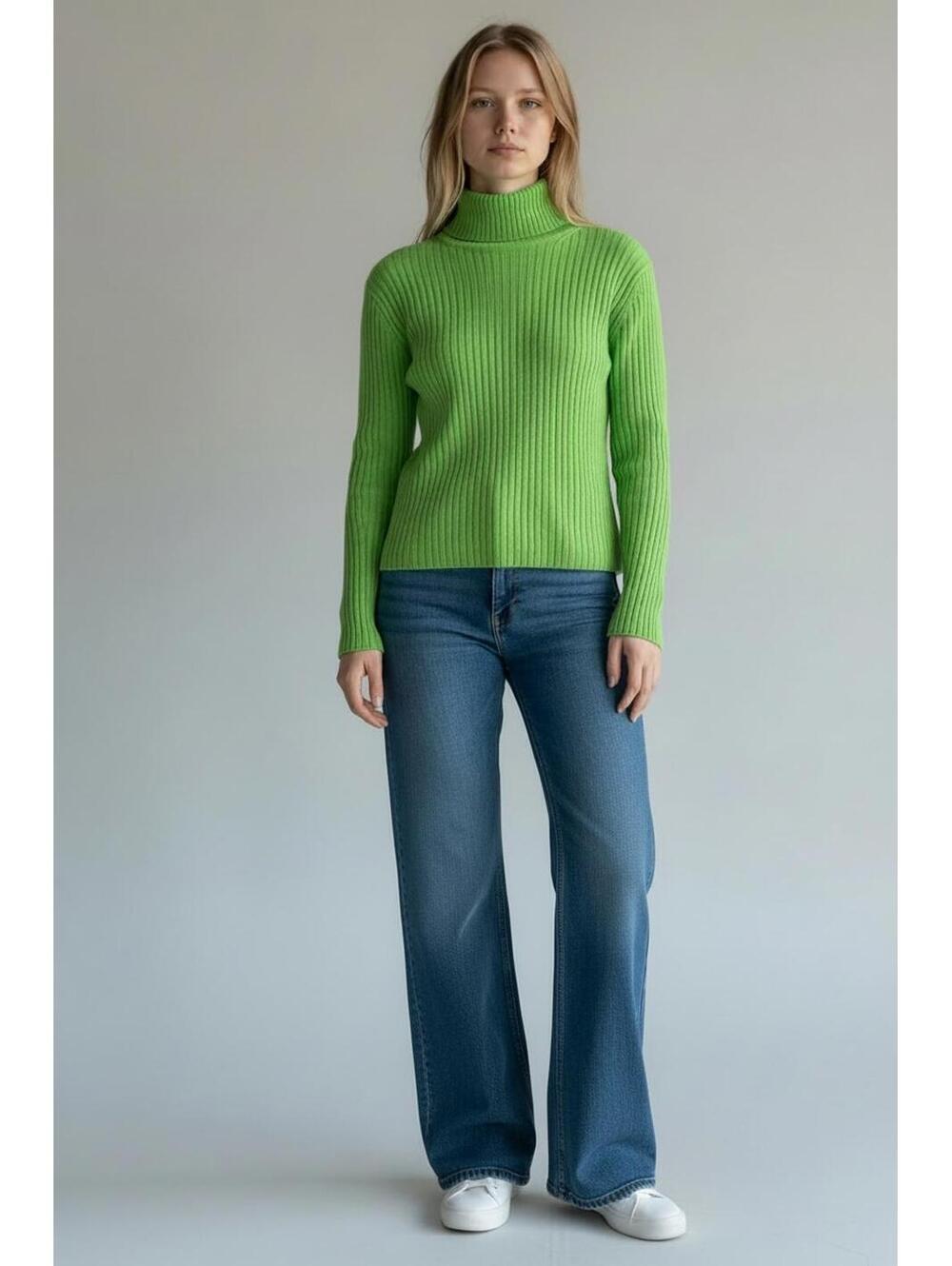 VINTAGE Talbots Lime Green Ribbed Knit Long Sleeve Turtleneck Sweater, Size S